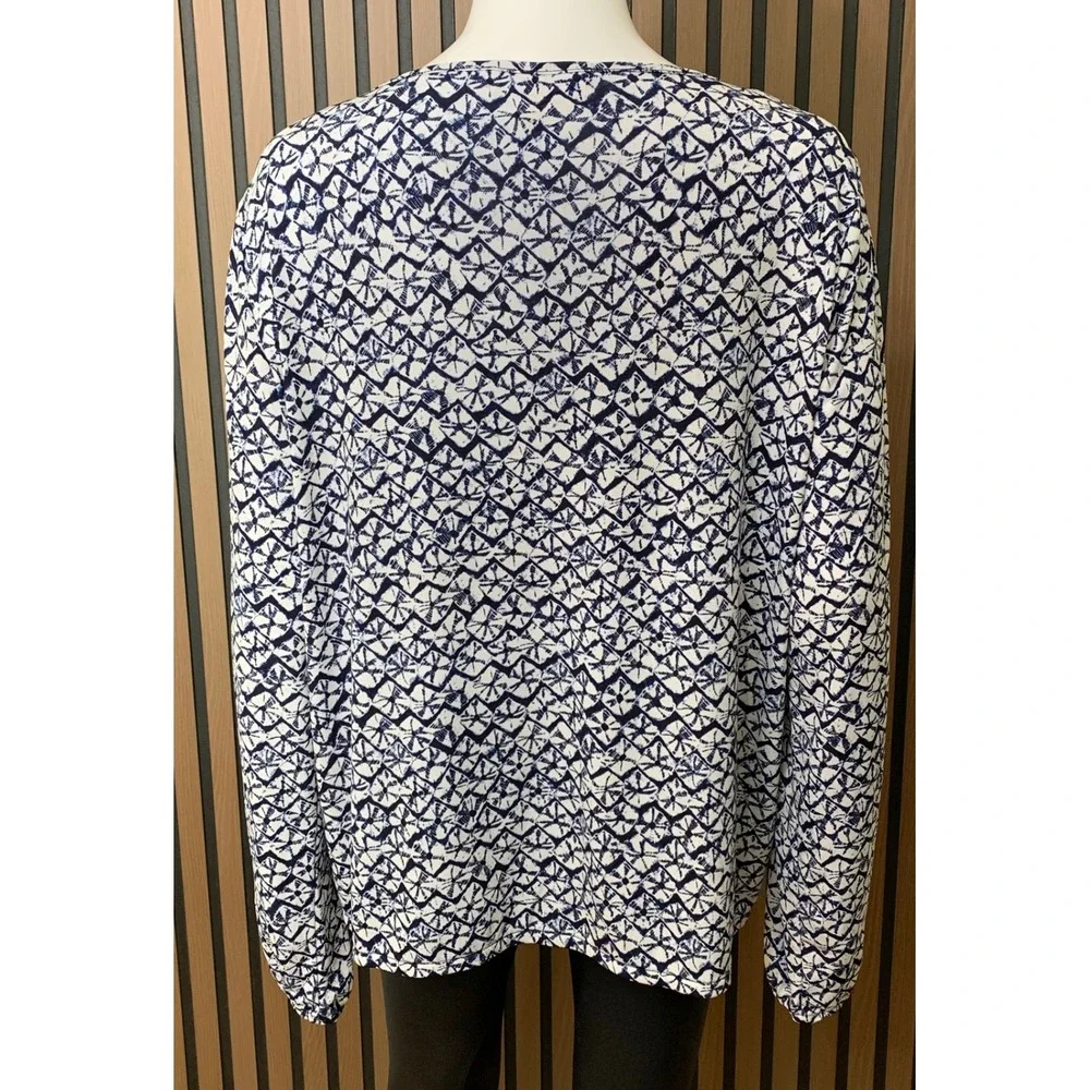 Michael Kors Women's Navy Blue White Geometric Keyhole Tie Neck Blouse Top XL